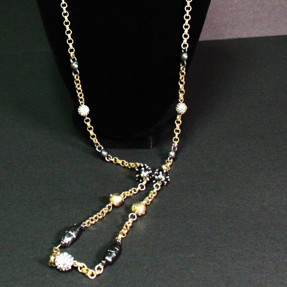 NWT Chico's Gold Tone Necklace with Black Rhinestone Beads - Picture 3 of 6